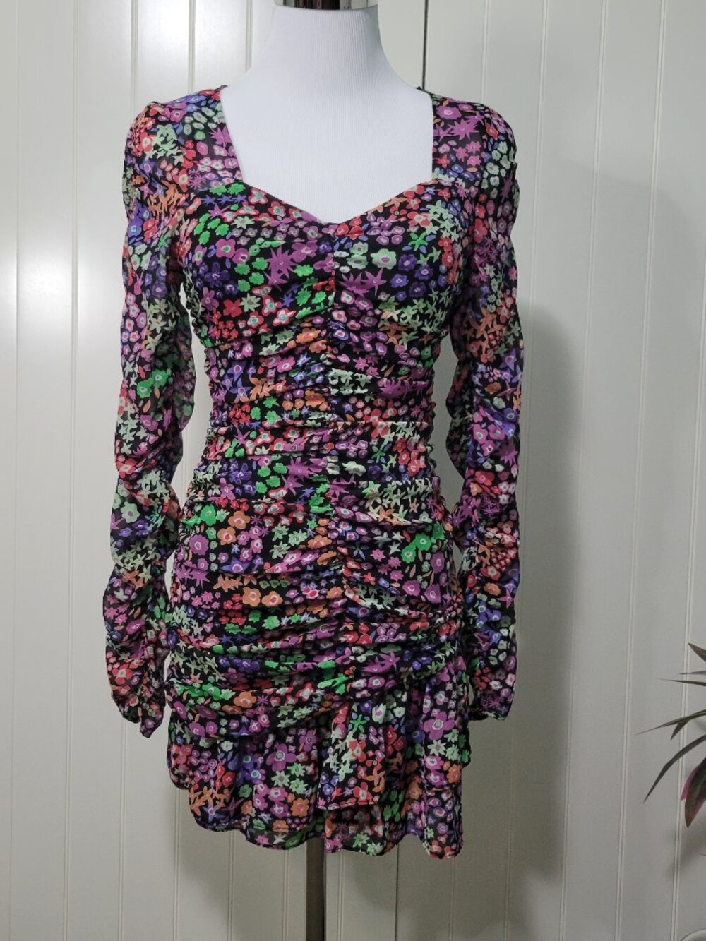 Zara Rave Boho Festival Fairycore Ruched Neon Chiffon Floral Tiered Mini Dress